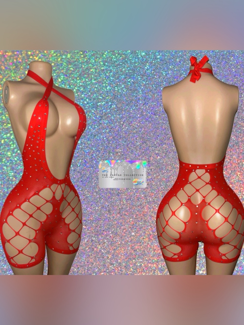EXOTIC DANCEWEAR: Red Cutout Fishnet romper with Rhinestones & matching pasties